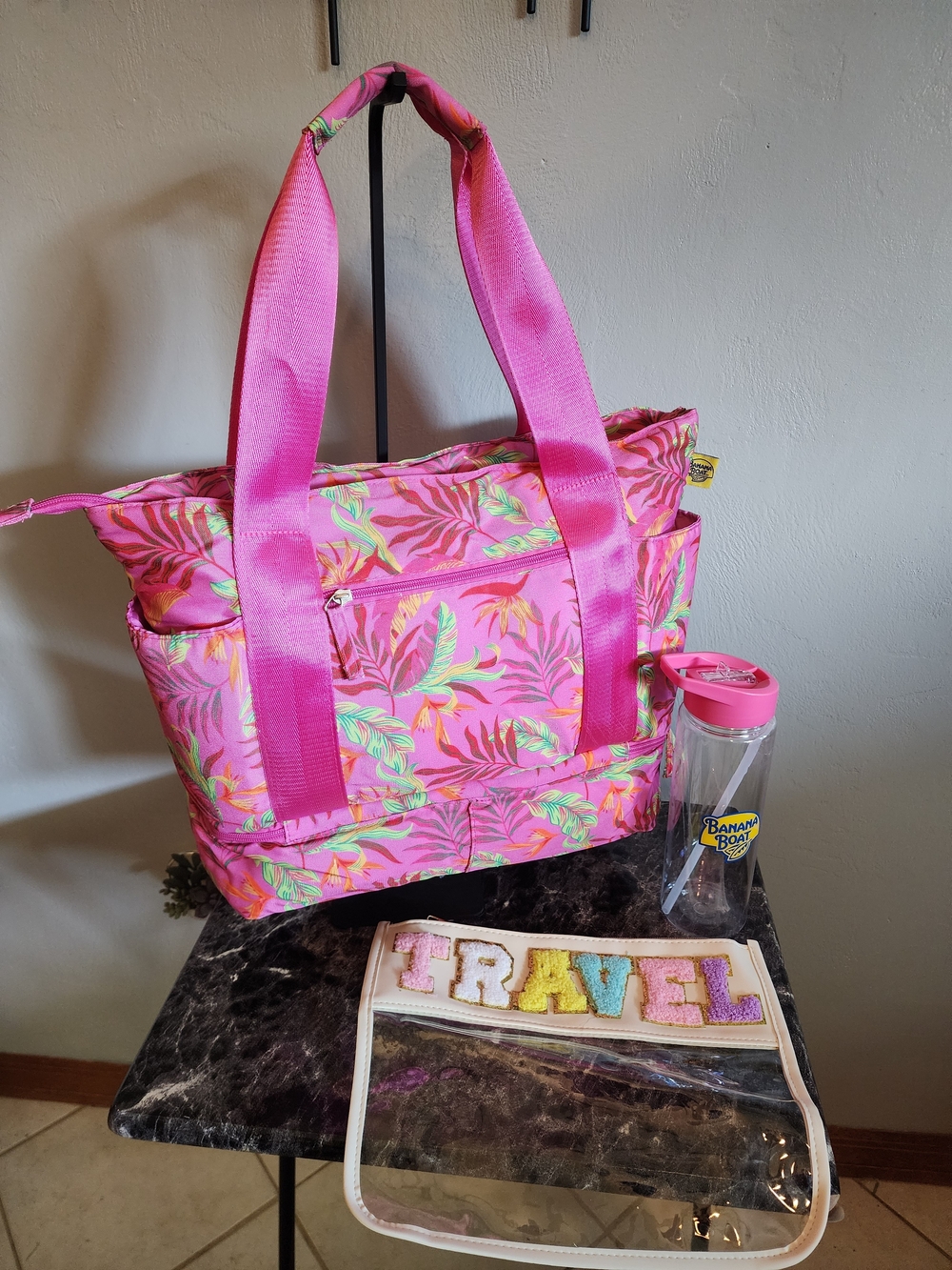 Bright Pink Tropical Print Insulated Beach Tote Bag with Matching Travel Pouch
